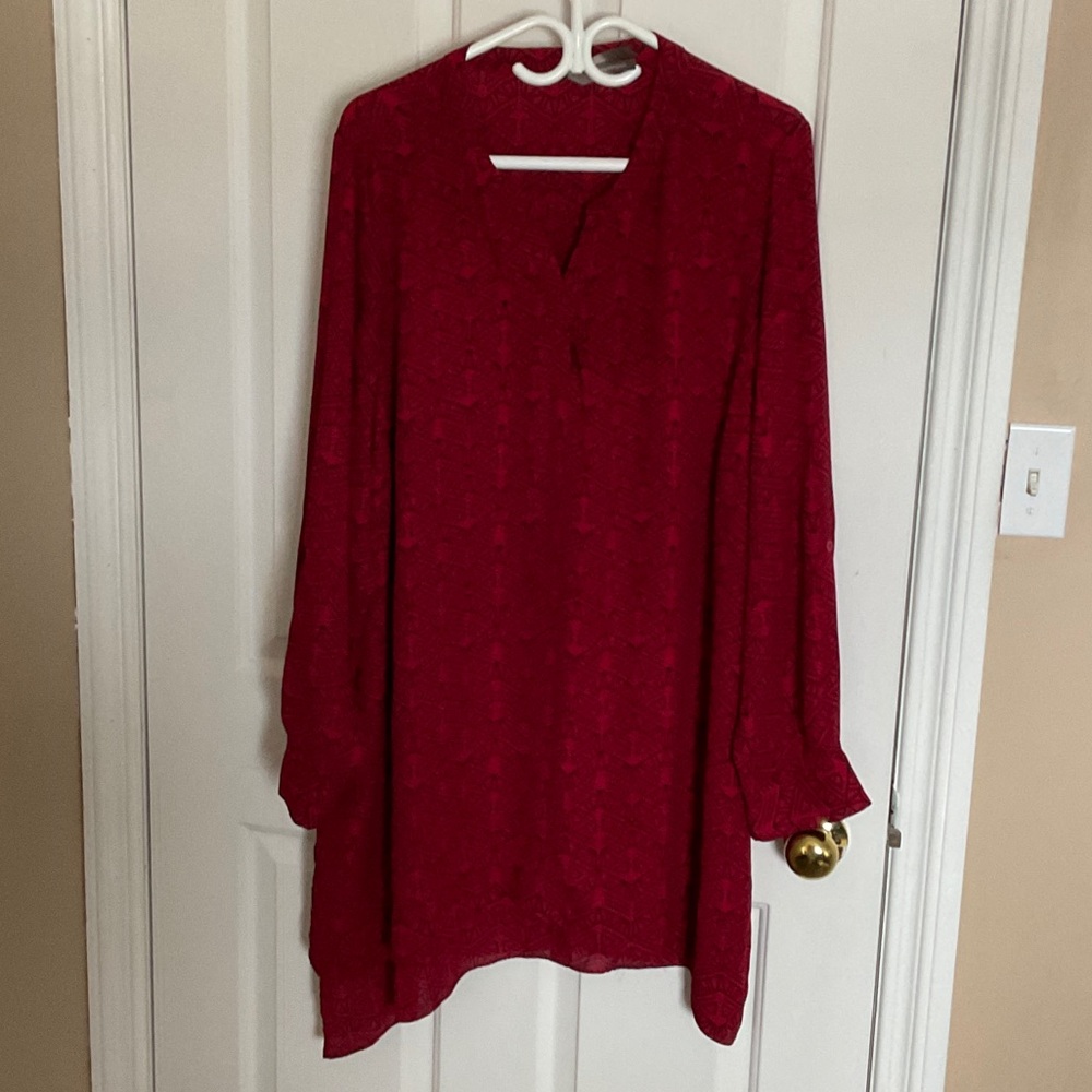 Women's Wine Red V-Neck Long Sleeve Tunic